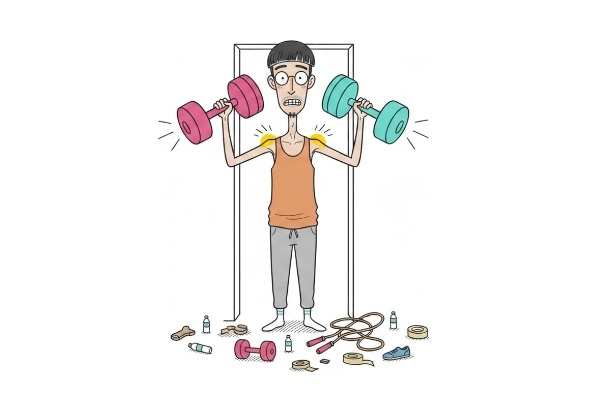 肩が横に広がりすぎて、痩せた男性がドアに挟まっているイラスト