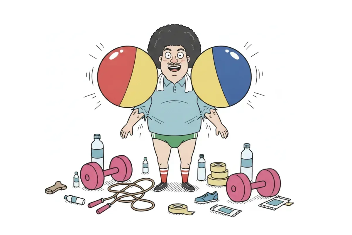 太った男性の肩がビーチボールのように丸く、3色に分かれているイラスト