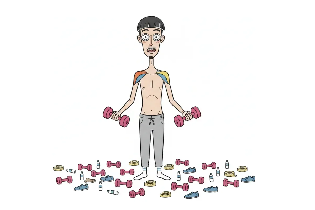 痩せた男性が両手にダンベルを持ち、肩の前・横・後ろの3つの筋肉がそれぞれ別の色で示されているイラスト