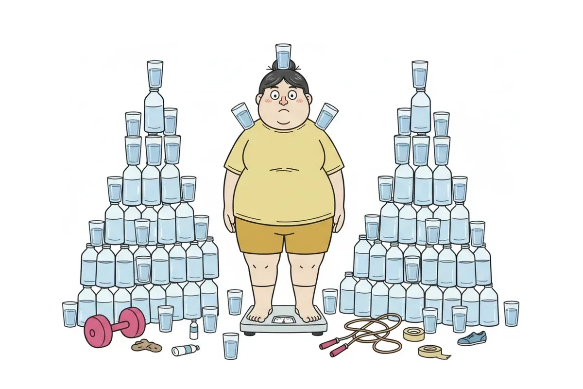 体重計の上に立つ女性と、その左右に山積みになった大量の水のボトルとコップのイラスト